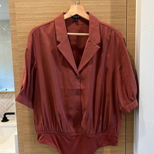 Express Solid Button Up Thong Bodysuit in Color Henna | Size Large